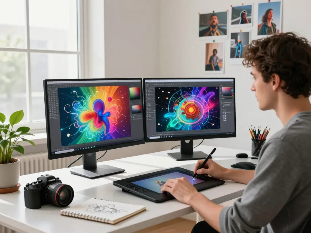 Digital artist generating creative prompts using the image to prompt tool in a bright workspace.