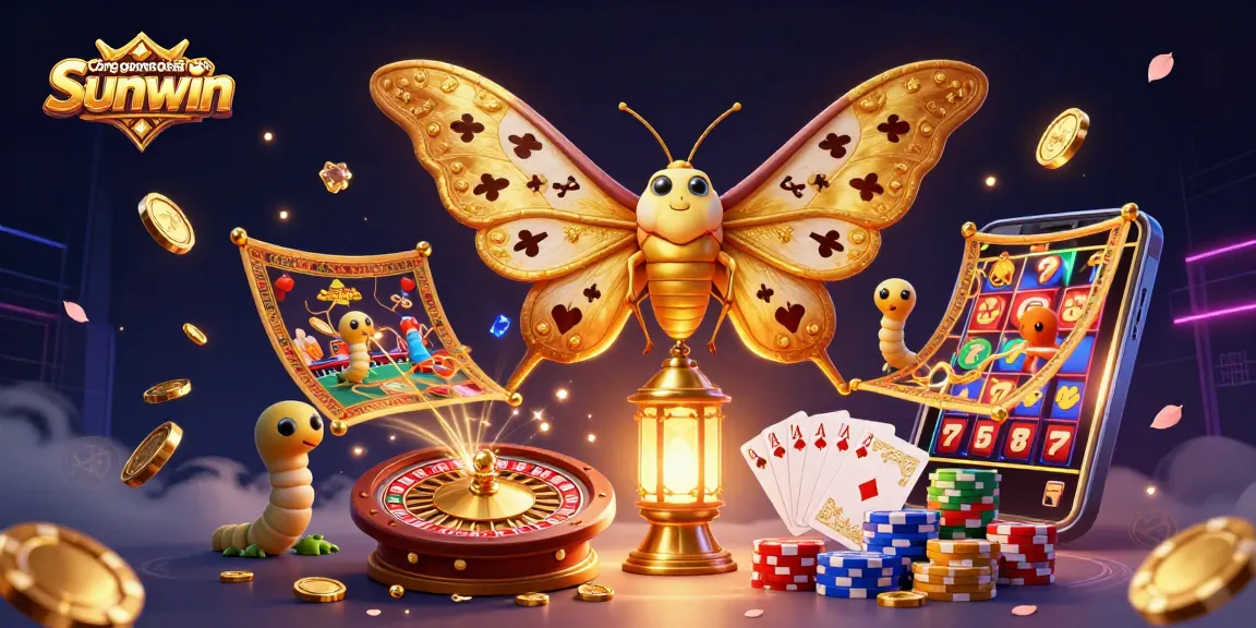 Cổng game bài đổi thưởng Sunwin showcases a vibrant online casino scene with golden butterflies, coins, and game elements.