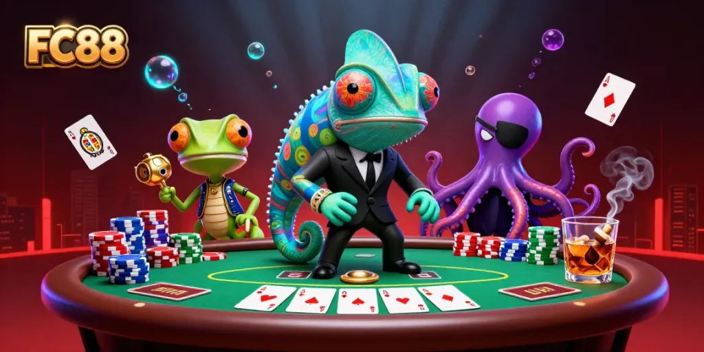 Experience thrilling gameplay with FC88's secret agent chameleon and tech-savvy gecko amidst vibrant poker elements.