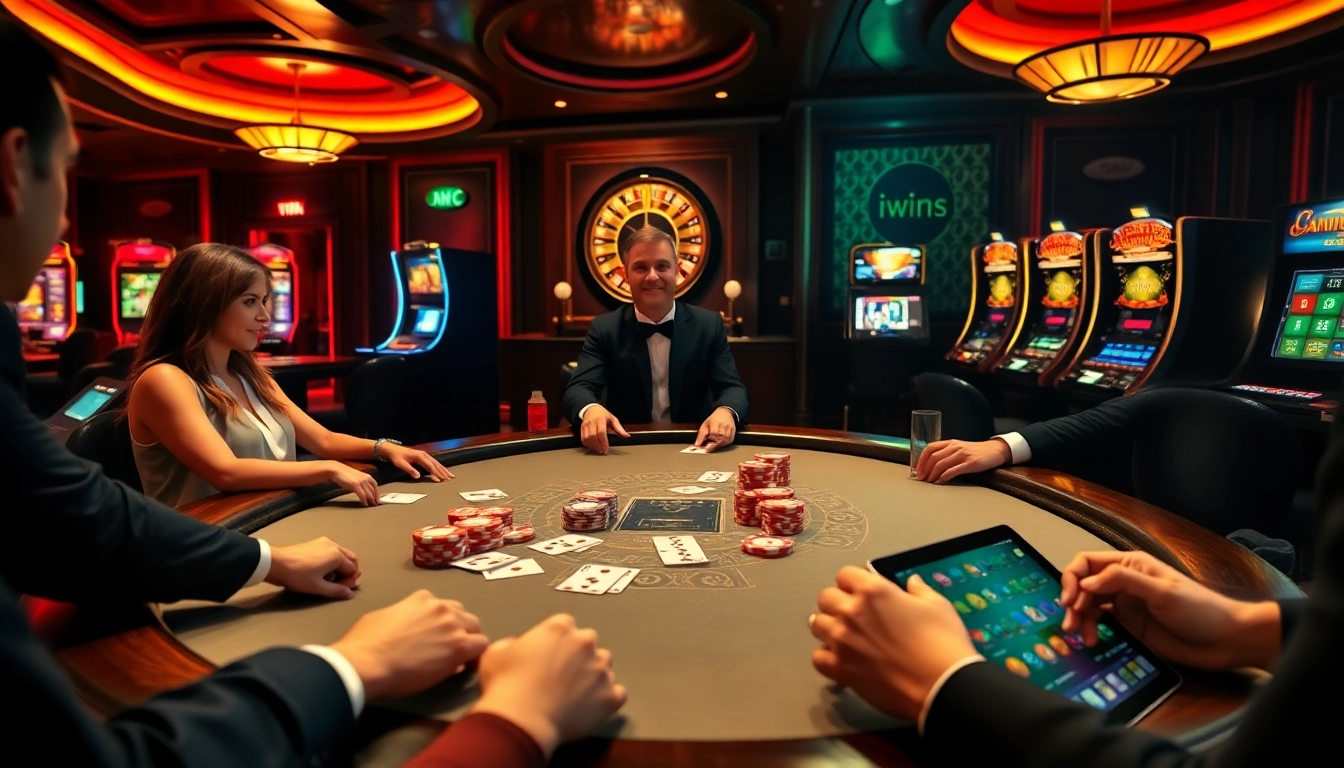 Players celebrating a win at the iwins poker table, colorful chips and cards enhancing the excitement.