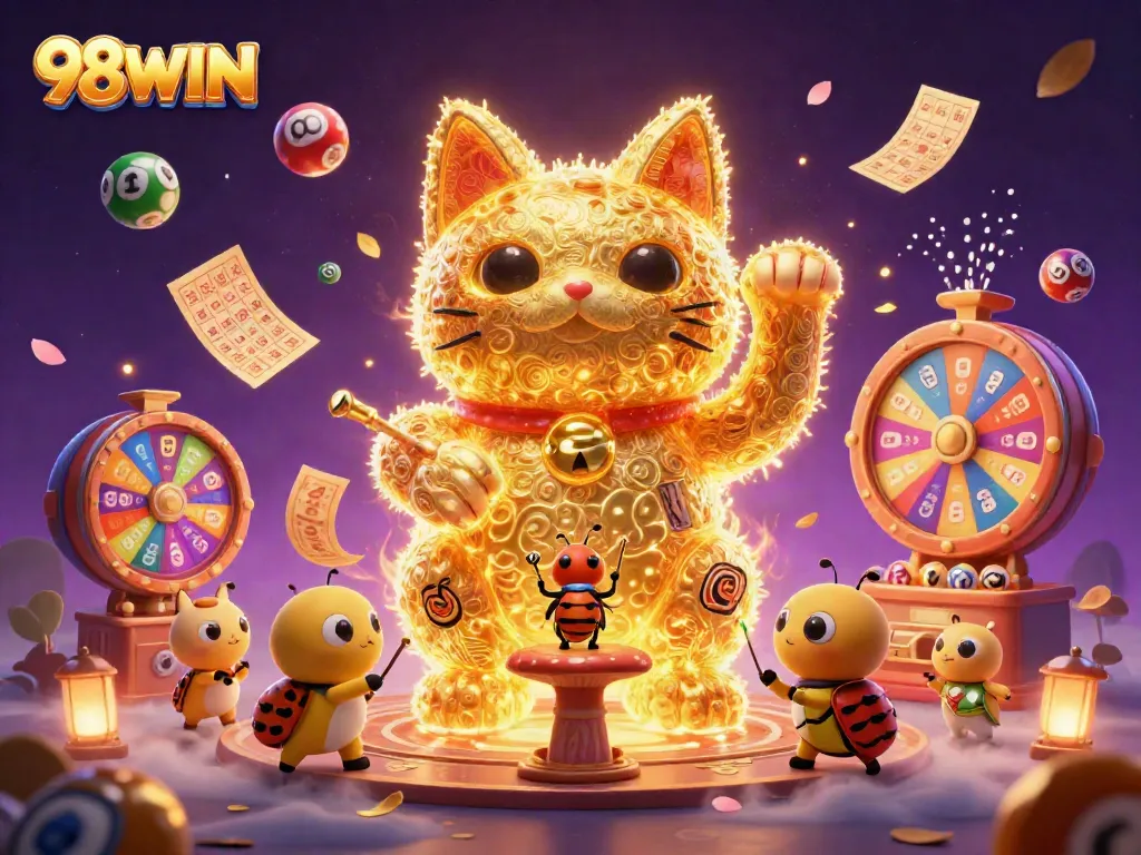 Engage with 98WIN's vibrant gaming experience featuring lucky cat and dynamic casino elements