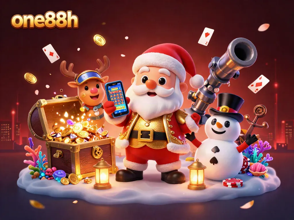 one88h casino thrills with Santa, reindeer, and snowman celebrating jackpots in a vibrant gaming scene