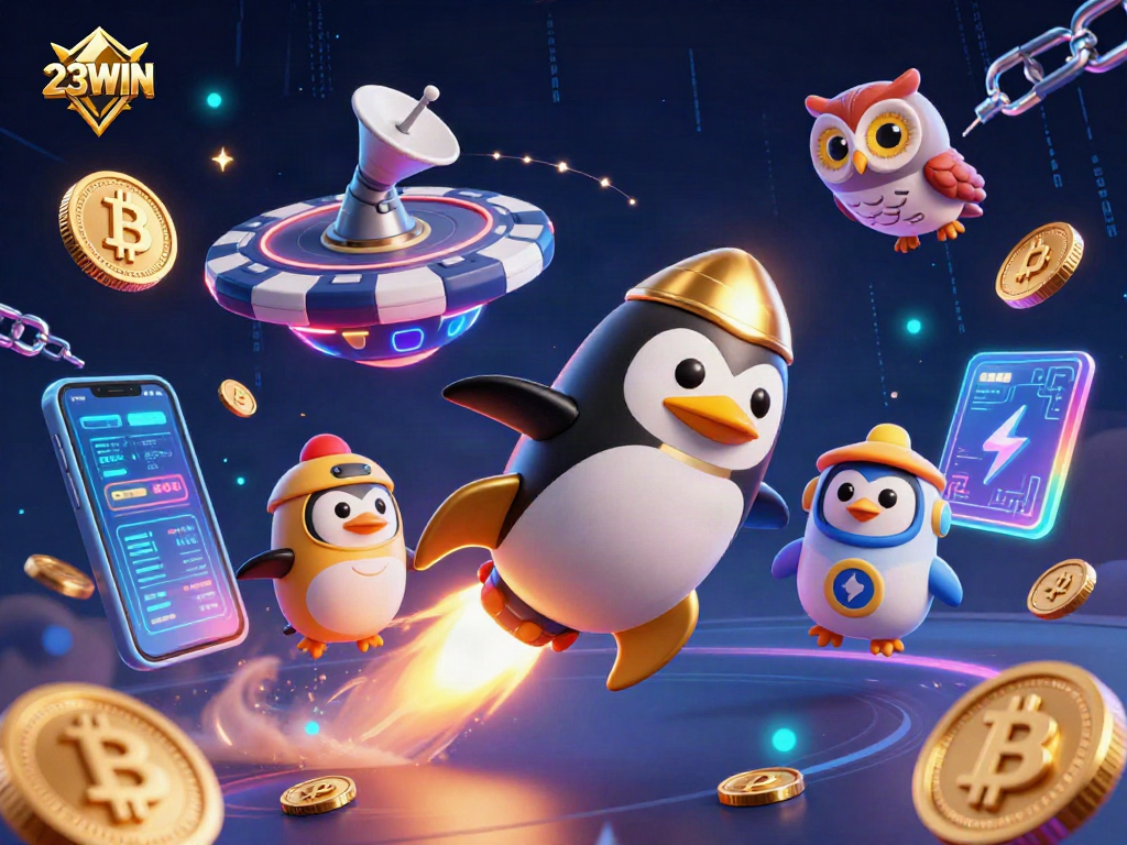 Experience the dazzling online gambling world of 23WIN with a vibrant rocket penguin and glowing crypto elements.