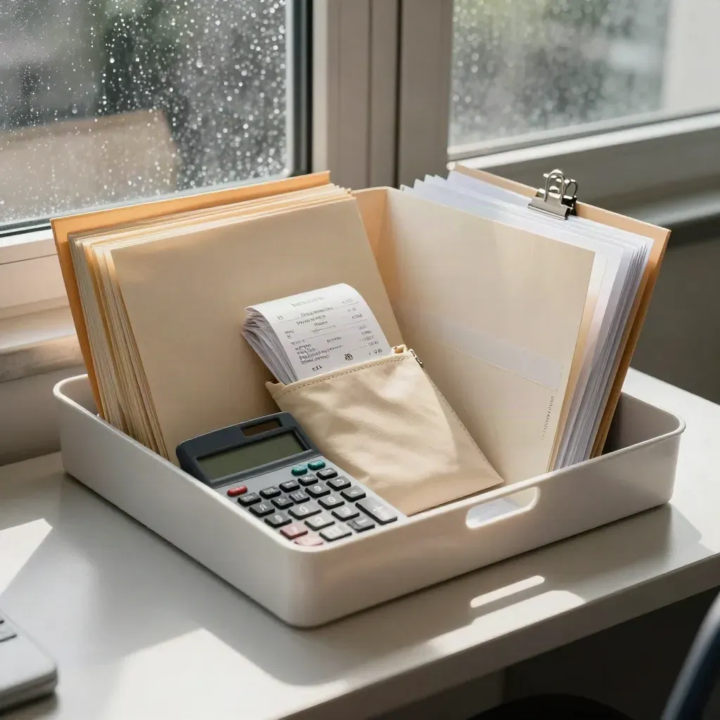 Overhead filing pack by a rain-speckled window with folder, calculator and white tray.