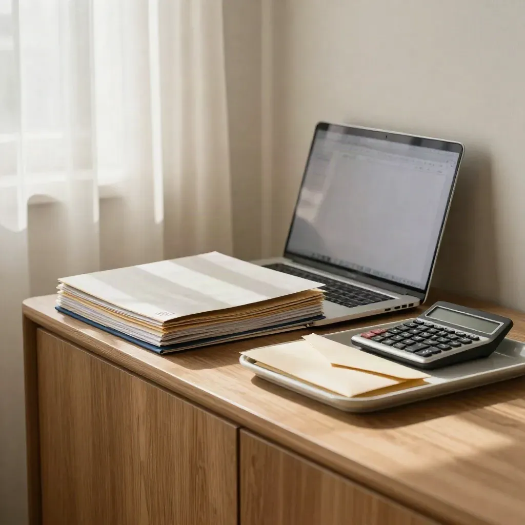 Payroll folders, closed laptop, envelopes and calculator on a pale oak credenza in warm daylight.