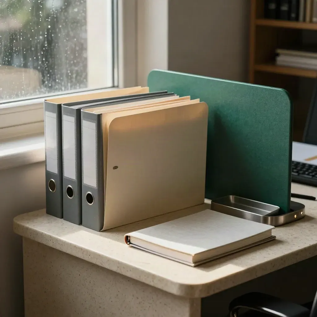 Rain-lit cash flow folders, closed notebook and lamp base on a travertine side table.