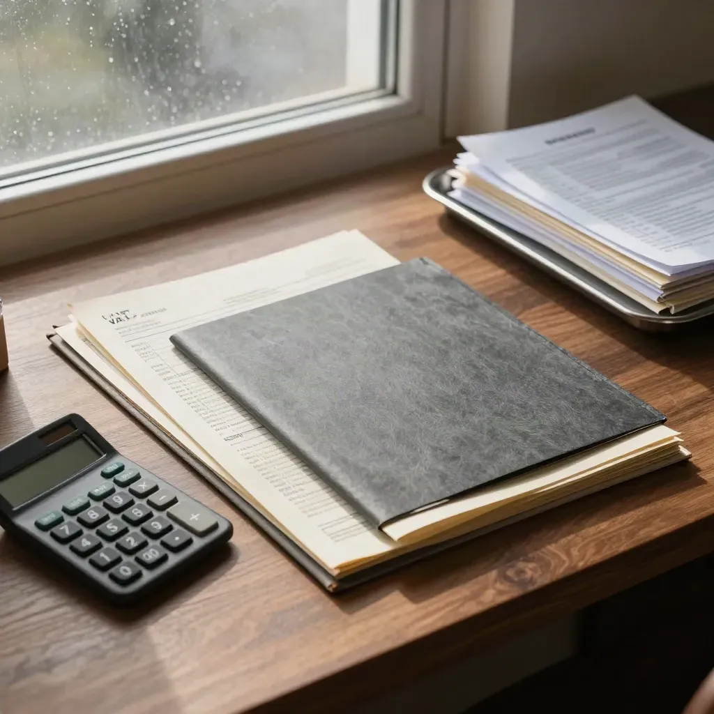 VAT review papers, calculator and folders arranged on a walnut desk in misty morning light