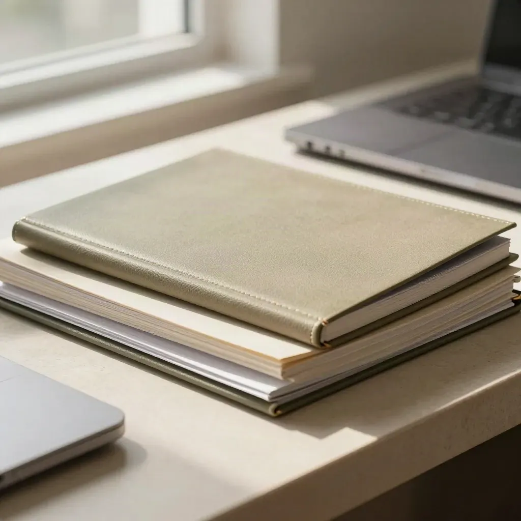 Macro of management reports, folders and a closed laptop on a bright stone side table.