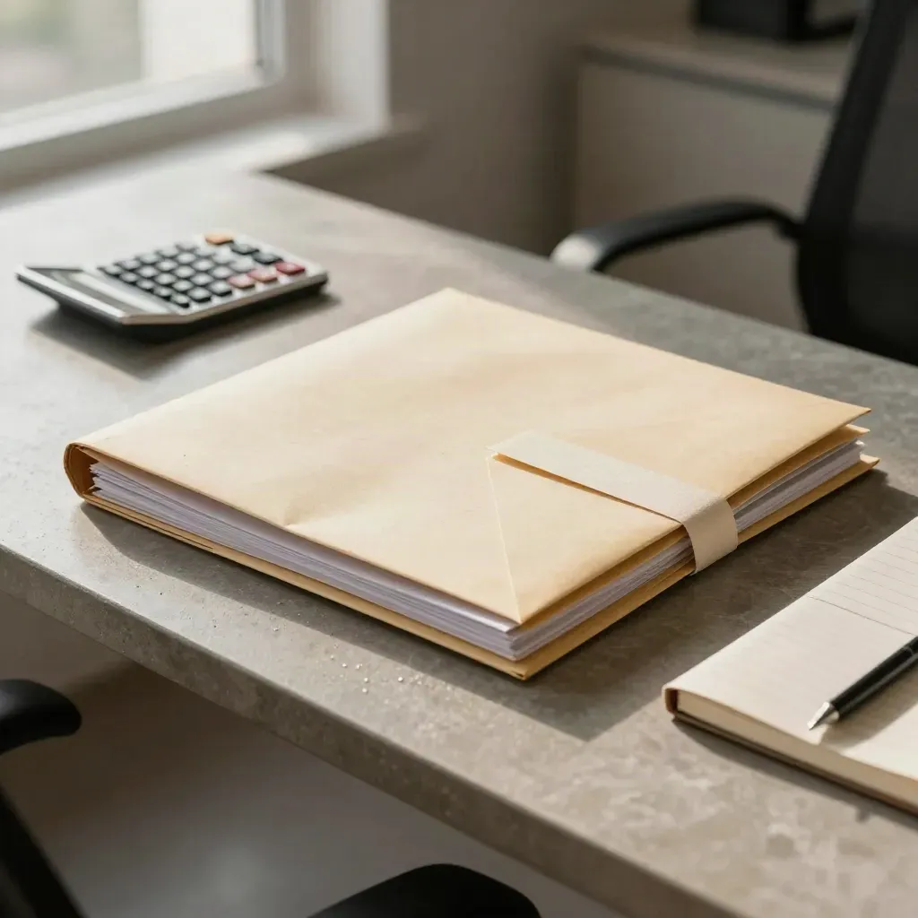 Contractor tax prep bundle of folders, envelopes, calculator and notebook on a stone desk in rain light.