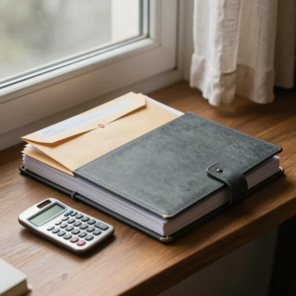 Overhead view of contractor tax paperwork, mileage notebook, bank envelope and calculator on walnut wood.
