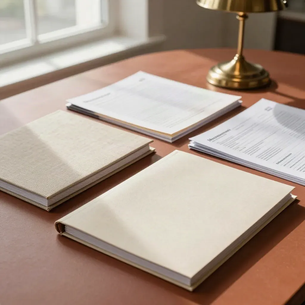 Fanned accounting report packs and pale folders on a terracotta office table by a bright window.