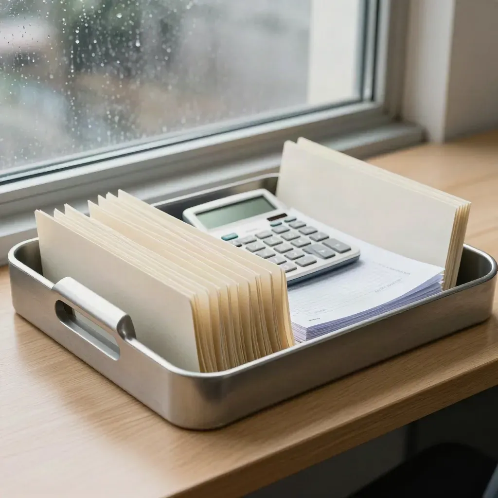 Bank reconciliation tray, calculator and face-down statements by a rain-streaked window