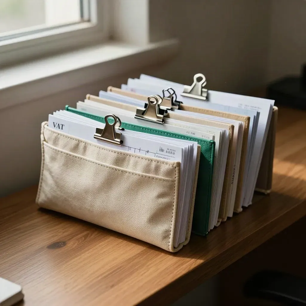 VAT records pouch, receipt wallets and metal clips on an oak ledge in warm late-afternoon light
