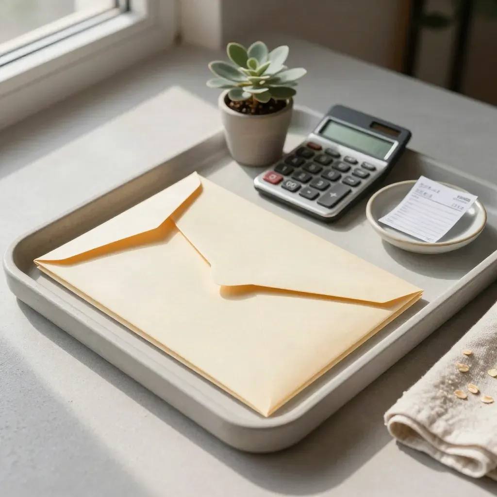 Payroll envelopes, calculator, plant and dish arranged in a stone tray under warm daylight.