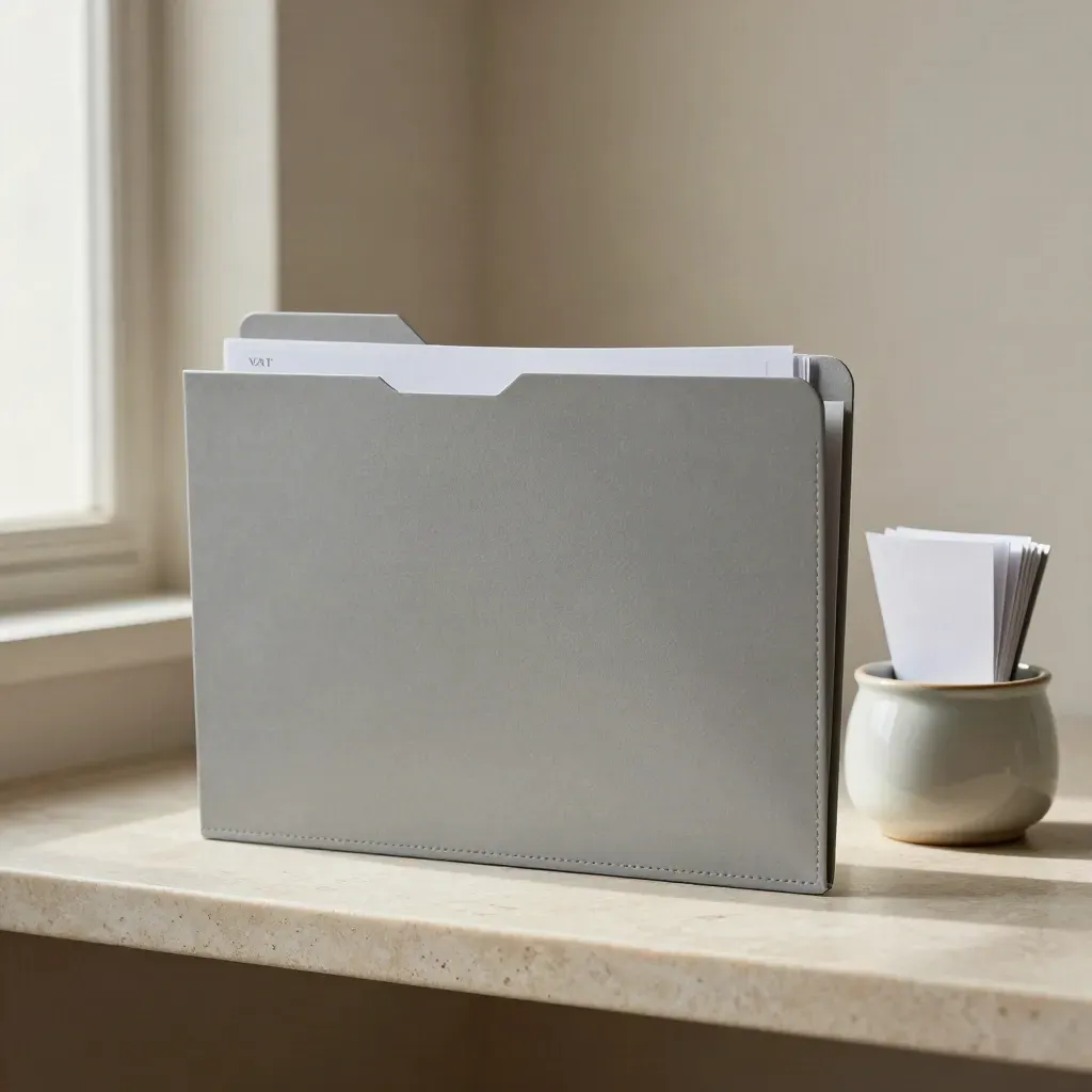 Matte VAT folder, receipt pouch and ceramic catchall on a stone shelf in cool light.
