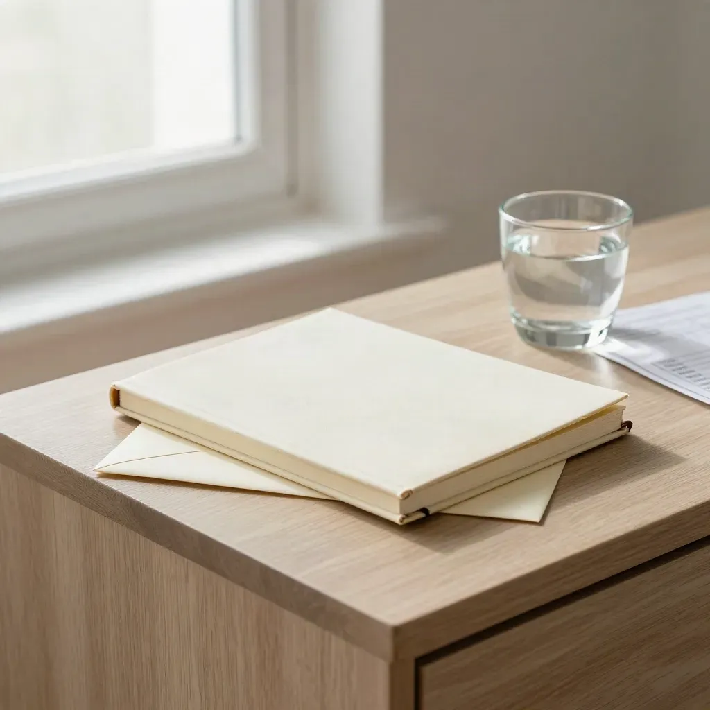 Cash flow notebook, bank envelope and glass paperweight on a pale oak sideboard in soft light.