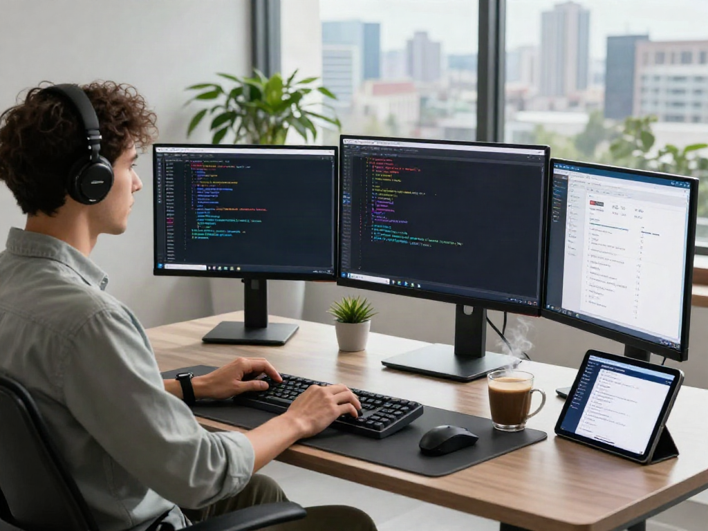 Developer using OpenAI-compatible API in a modern workspace, showcasing dual monitors and coding environment.