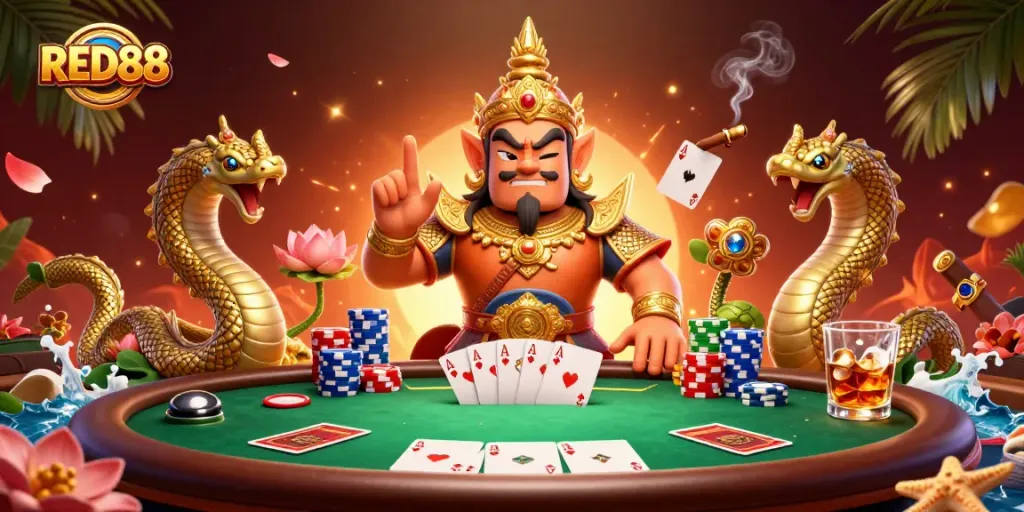 Experience thrilling poker action at RED88 with vibrant gaming symbols and celebrated characters.