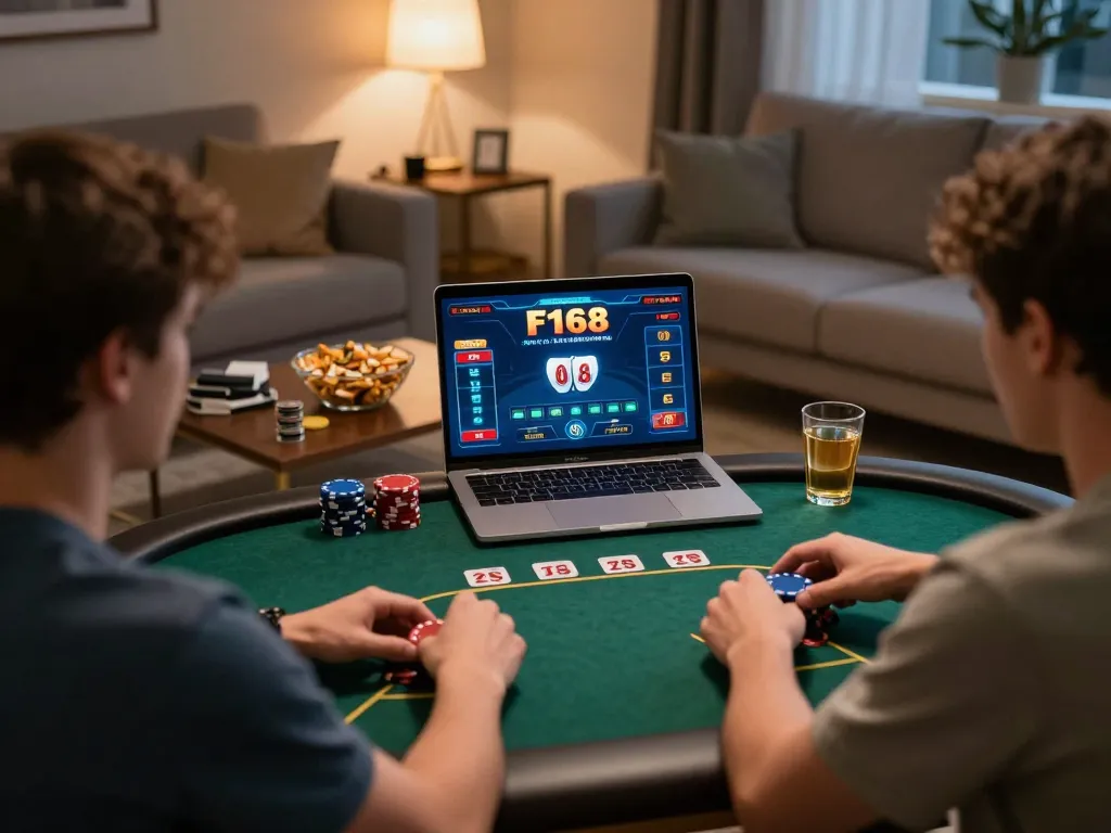 Players enjoy F168 online poker from a cozy living room with warm lighting and snacks.