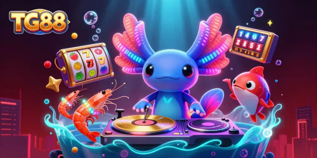 Experience TG88's vibrant casino scene with a DJ axolotl and lively sea creatures in a rich underwater setting.