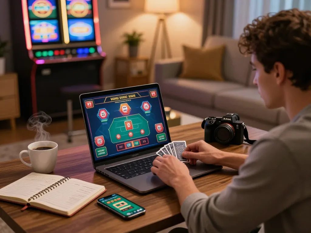FLY 88 online casino player engaging with live dealer game at home, showcasing immersive gaming experience.