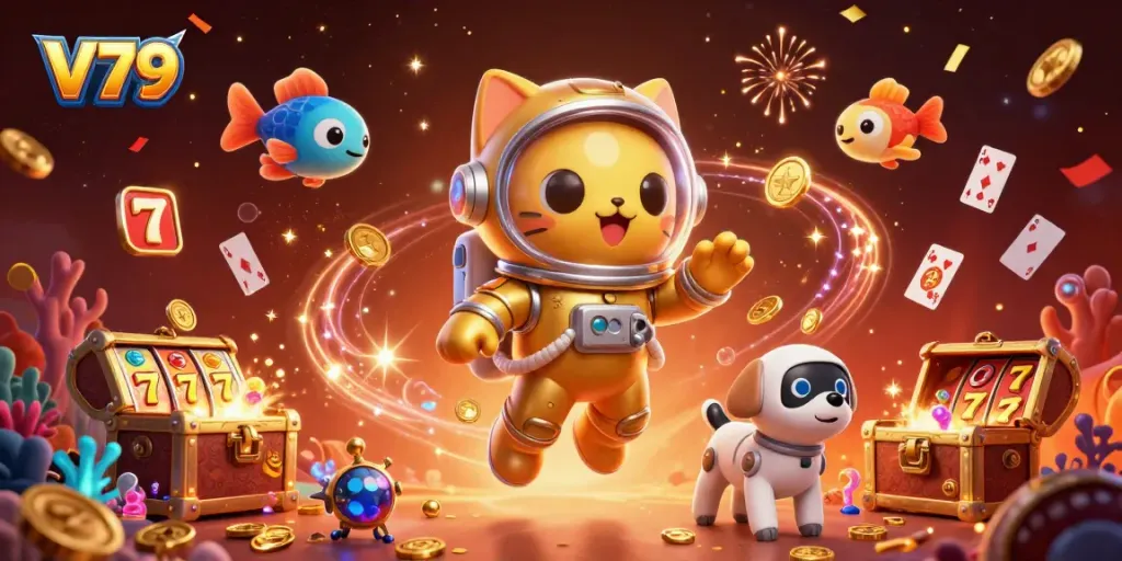 V79 Casino experience with a 3D cartoon astronaut cat, jackpot elements, and vibrant underwater scenes.