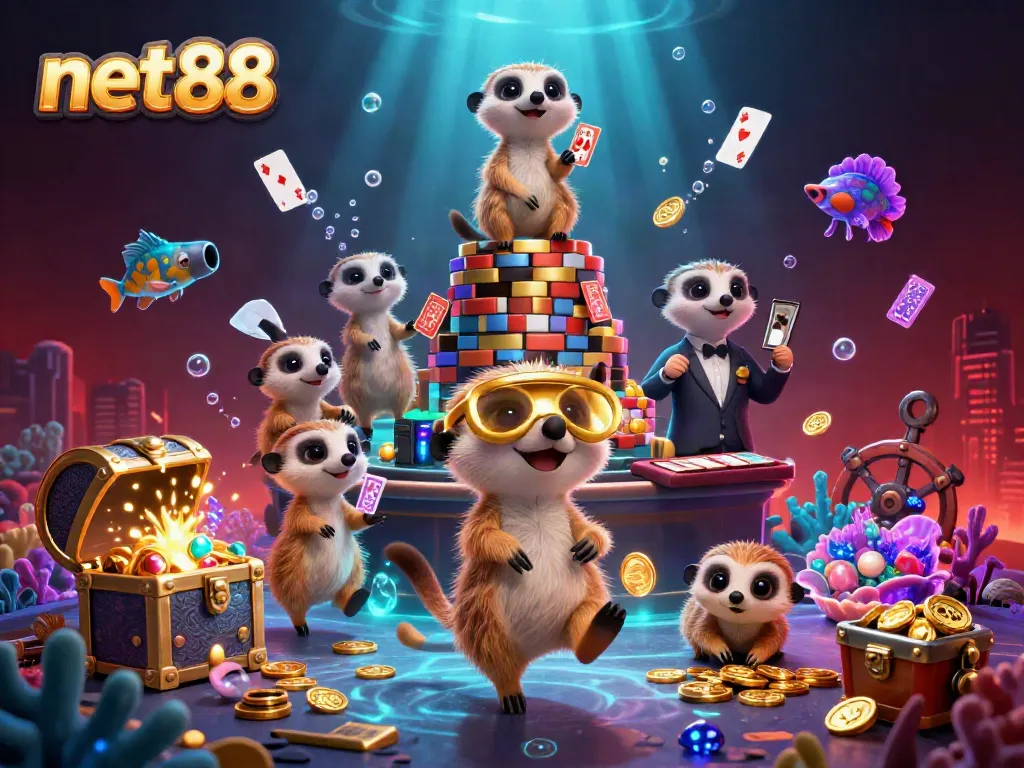 Experience thrilling gaming adventures with net88's colorful meerkat casino scene.