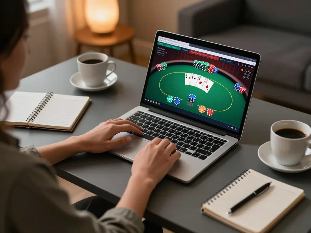 N188 online gaming experience with player actively engaging in poker from home setup, showcasing strategy and excitement.