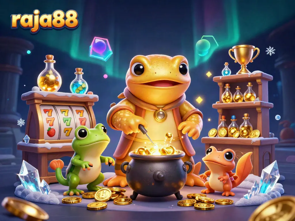 raja88 showcases a golden salamander alchemist creating gold coins in a magical casino scene