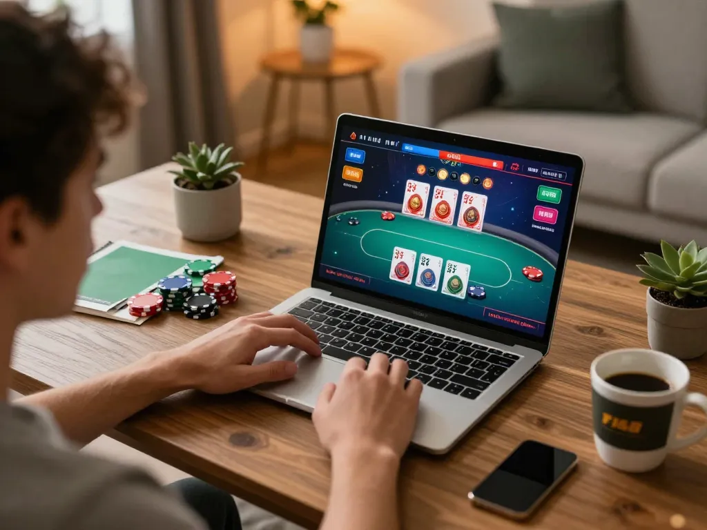 Engaging online poker gameplay at F168, showcasing community cards and player strategy in a cozy setting.