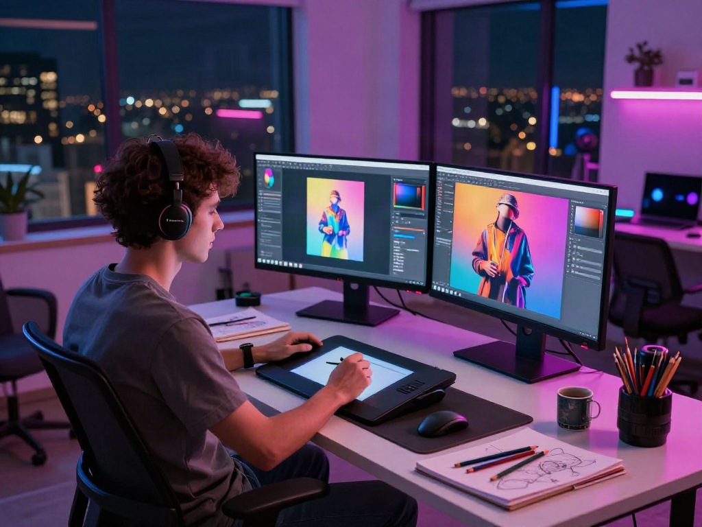 Digital artist creating AI NSFW artwork in a vibrant workspace.