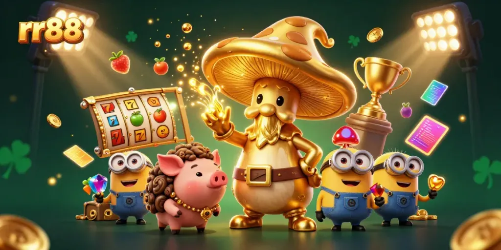 rr88 online casino game illustration showcasing a whimsical golden wizard and dynamic gaming elements.
