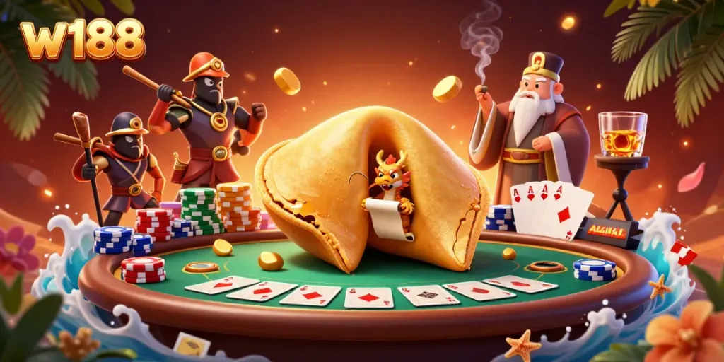 Experience thrilling poker action with w188, featuring a golden fortune cookie, dragon, and stacked chips.