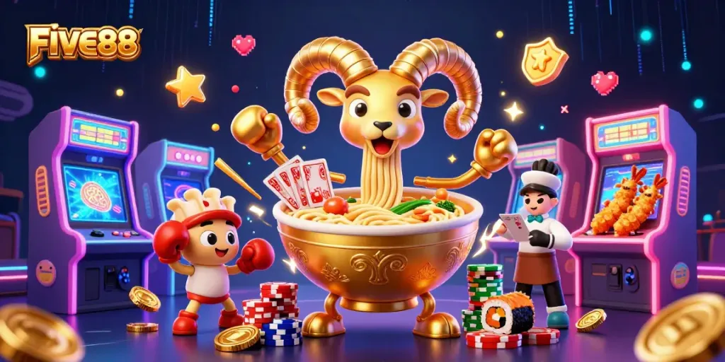 Engage with FIVE88 in an explosive casino scene filled with vibrant gaming elements and characters.