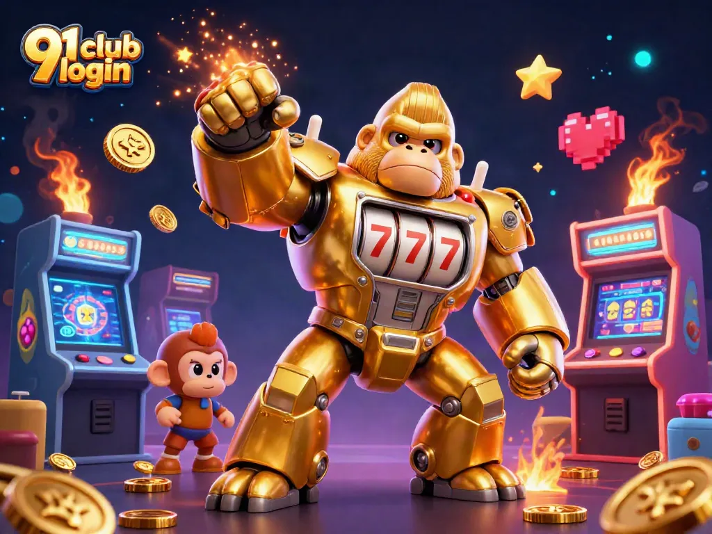 Engage with the 91 club login experience featuring an exciting 3D illustration of a golden gorilla mech from slots.