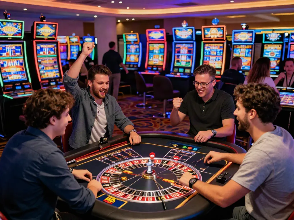 Gamers enjoying exciting activities at 9BET casino with vibrant atmosphere and modern gaming.