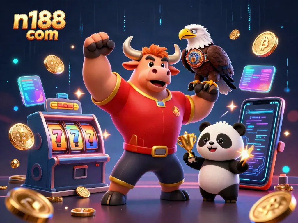 Celebrate victories at n188 com with a dynamic 3D casino scene featuring colorful slot games, crypto elements, and animated characters.
