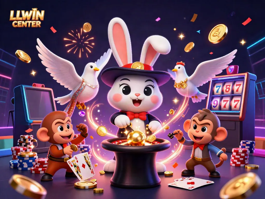 Experience the excitement at LLWIN CENTER with a vibrant 3D scene of a magician rabbit, a glamorous dove, and a monkey amid flying casino elements.