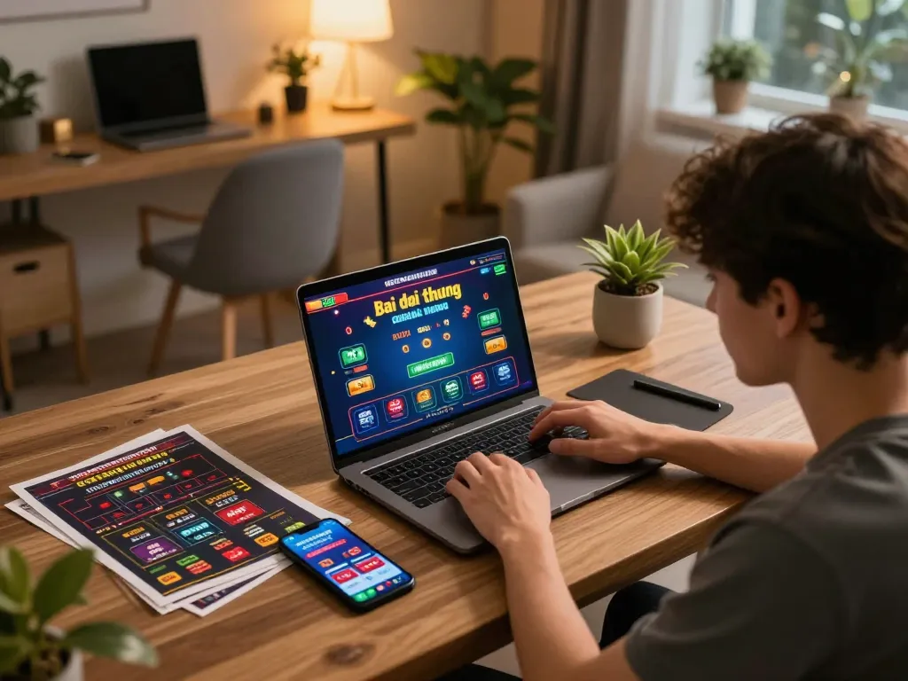 Engaged player using laptop for game bai doi thuong, surrounded by strategy notes in a cozy setting.
