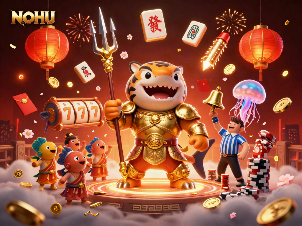 Experience thrilling NOHU gaming with a tiger shark champion amidst rich casino elements.