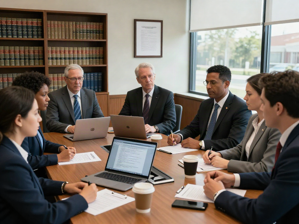 Diverse attorneys discussing DUI probation drug test Forsyth County Georgia in a legal office.