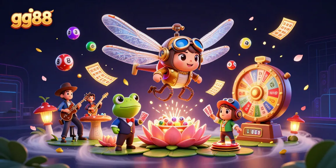 Engage with gg88's vibrant 3D illustration featuring a dragonfly pilot and lively gambling elements.
