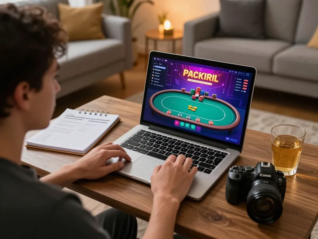Engaging in online poker at luck8 with strategy notes and cozy home setup.