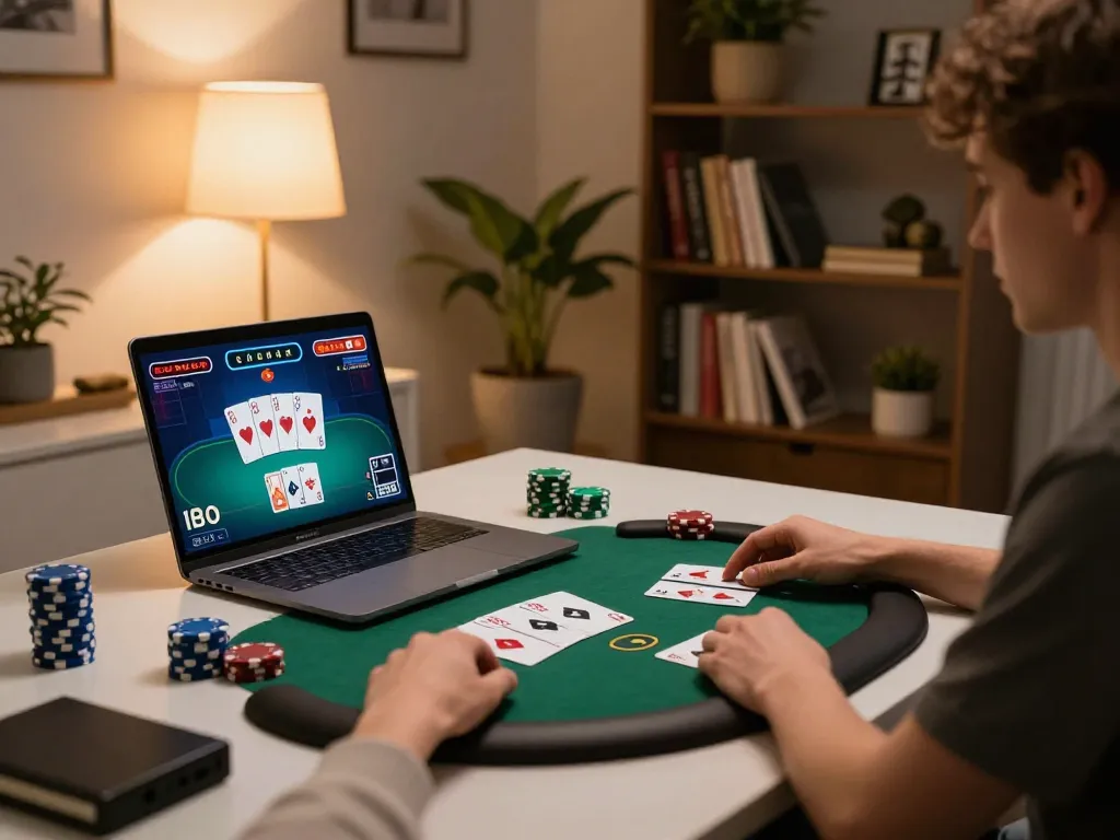 Person playing poker on RR88 at a modern gaming setup, showcasing vibrant card graphics and cozy atmosphere