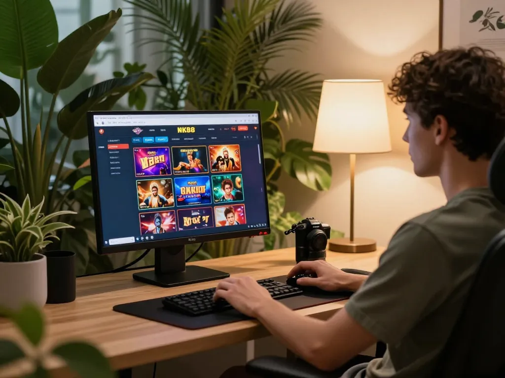 Navigating the NK88 online casino interface on a stylish desktop setup for an immersive gaming experience.