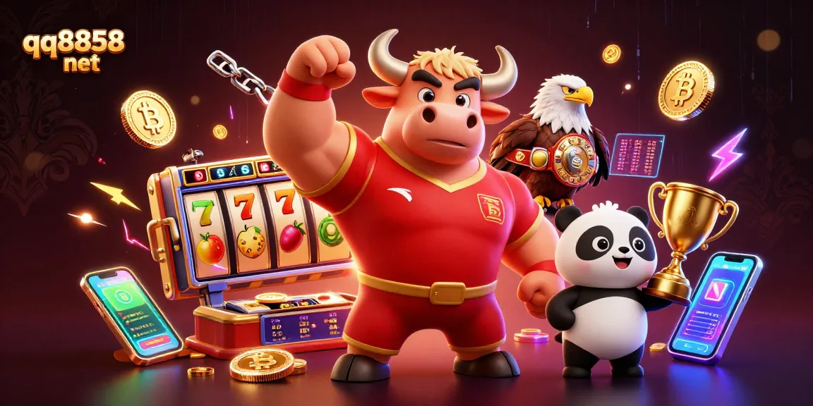 Experience the thrill of gambling with qq8858 net featuring a strong bull mascot and vibrant casino elements.