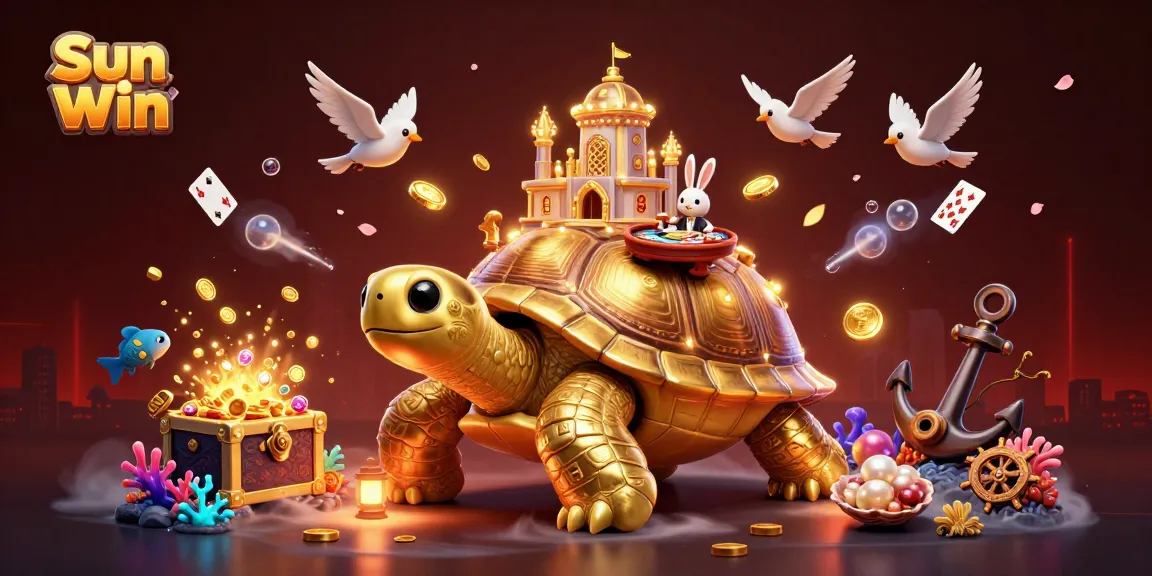Experience the thrill of Sun Win with a golden tortoise casino and rabbit dealer, amidst animated treasure and action.