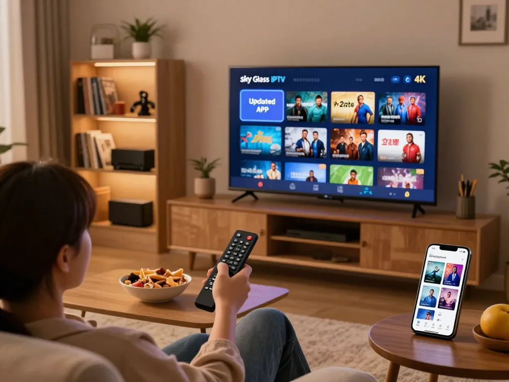 Enjoying Sky Glass IPTV Updated APP 2026 in a cozy living room with large TV and snacks.