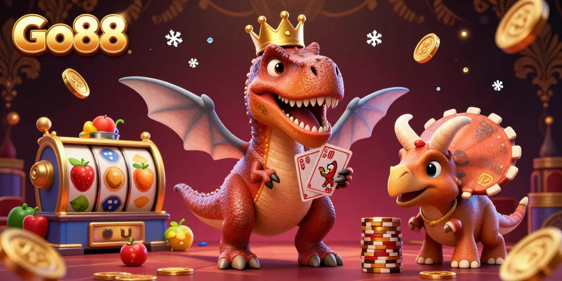 Experience Go88's thrilling casino atmosphere with a cartoon T-Rex shuffling cards, assisted by a pterodactyl and triceratops stacking chips.