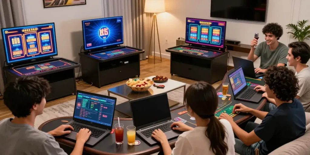 Friends enjoying games at credit card casinos in a modern living room.